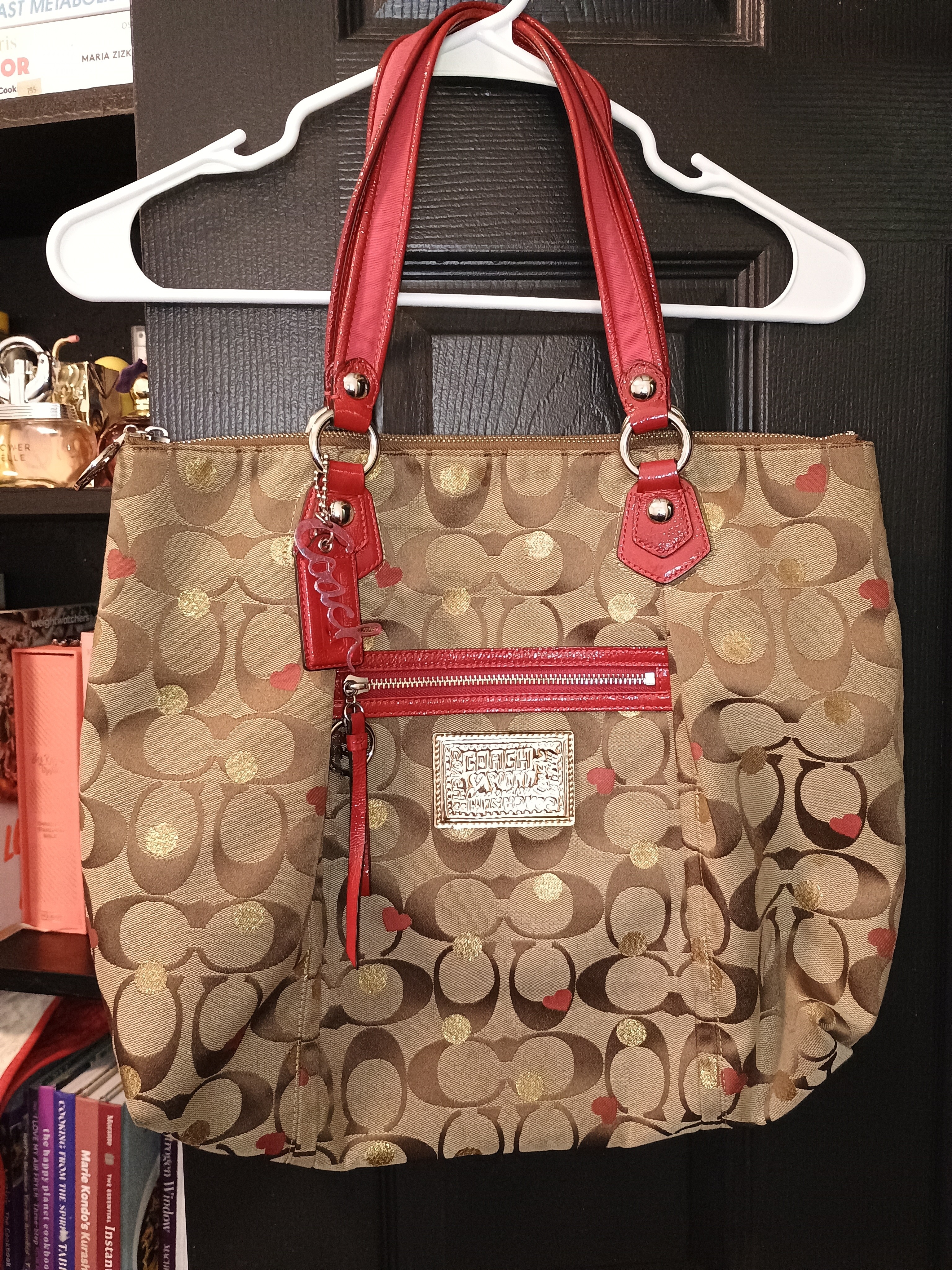 Coach Signature Poppy Shoulder Tote Tan Red Leather Accents